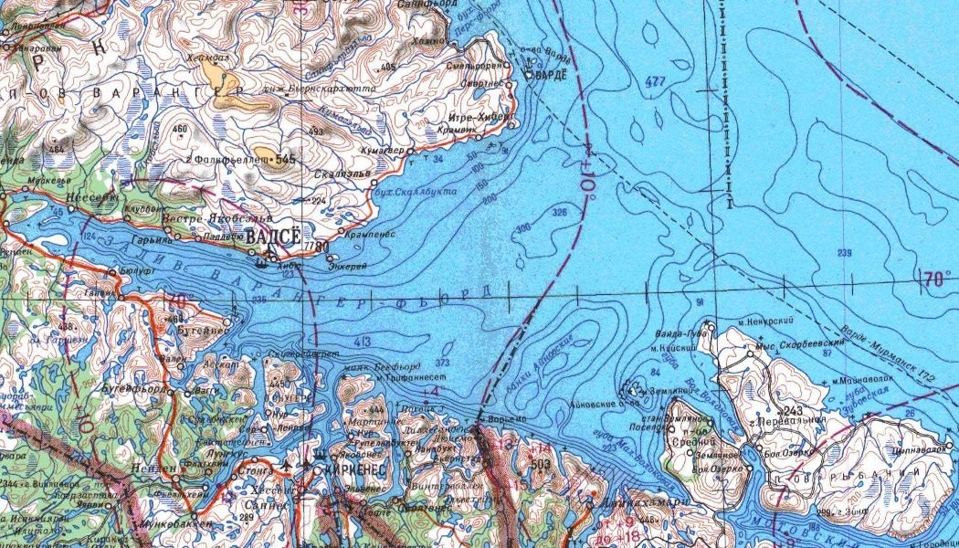 Подробная карта Варанге фьорда Баренцева моря